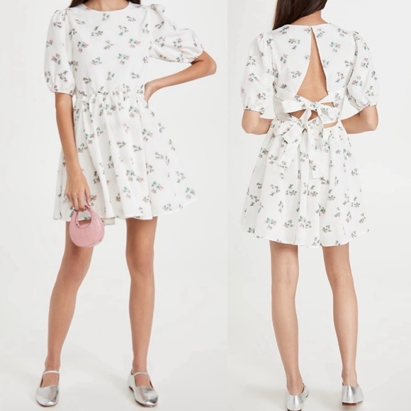 Sister Jane White Floral Embroidered Backless Baby Doll Mini Puff Sleeve Dress - Picture 6 of 17